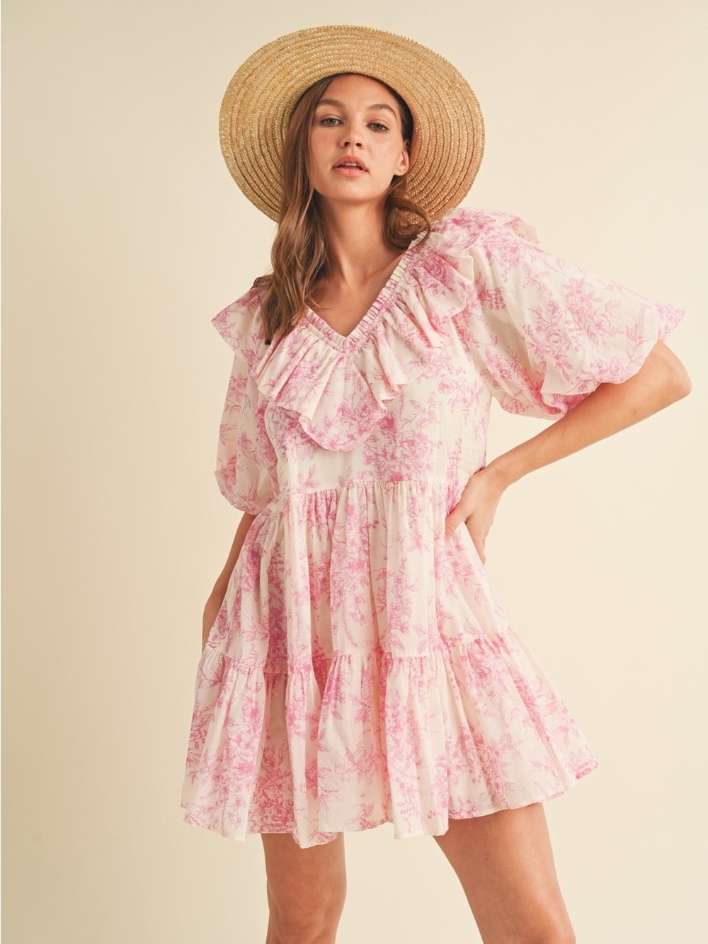 Golden Pink Toile Ruffle Tiered Mini Dress Size Small